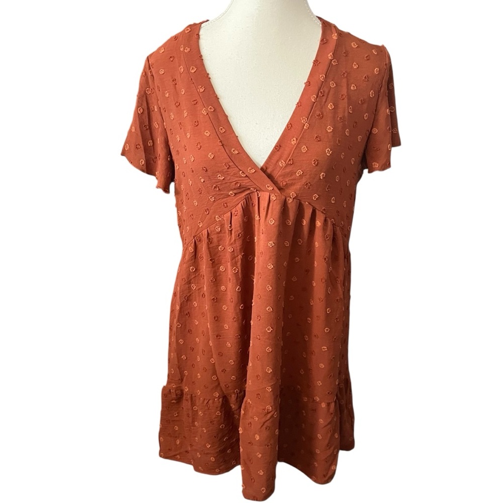 Rust Orange V-Neck Women's‎ 4 Mini Dress Polka Dot Fall Autumn Casual